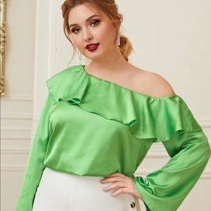 NWOT Green satin off shoulder top